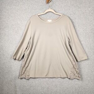 J Jill Ponte Tunic Top Womens XL Lace Trim 3/4 Sleeve Pullover Stretch Shirt